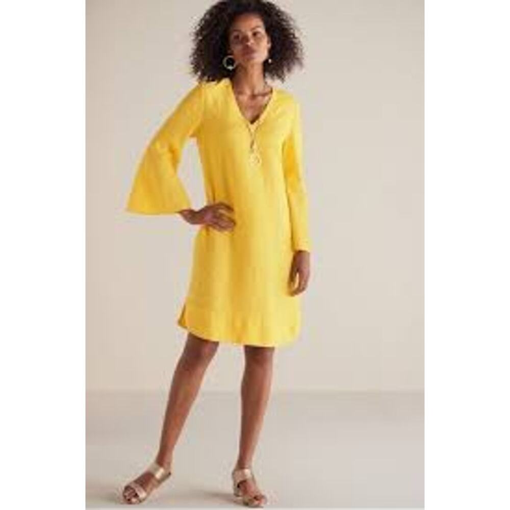 Soft Surroundings Milano Linen Dress Sunstruck Yellow Bell Sleeve Shift Sz Large